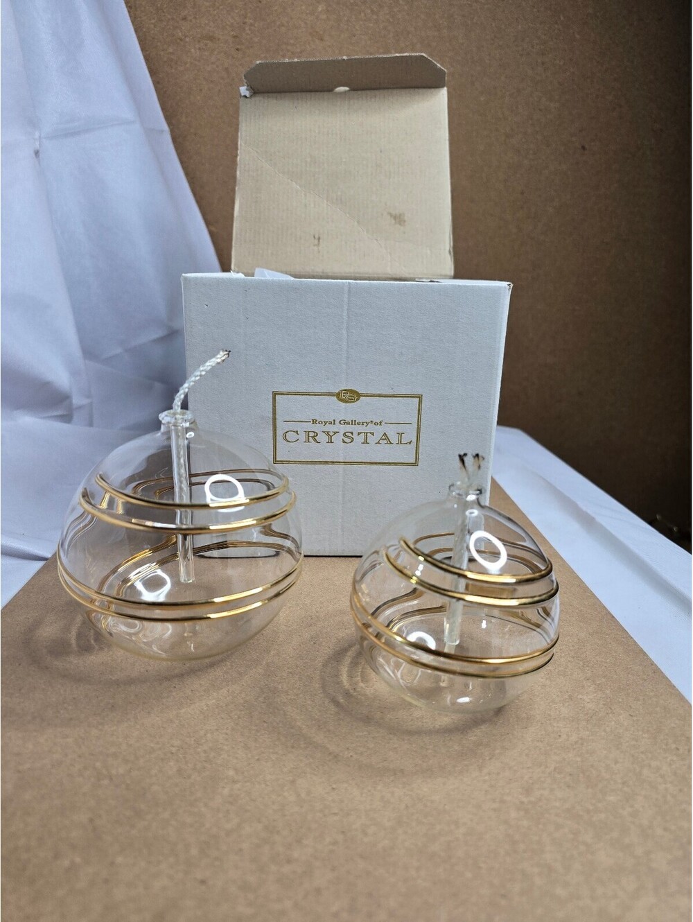 Royal Gallery Lead Crystal Hand Blown Oil Lamps Set of 2 W/ Box Gold Swirl VNTG
